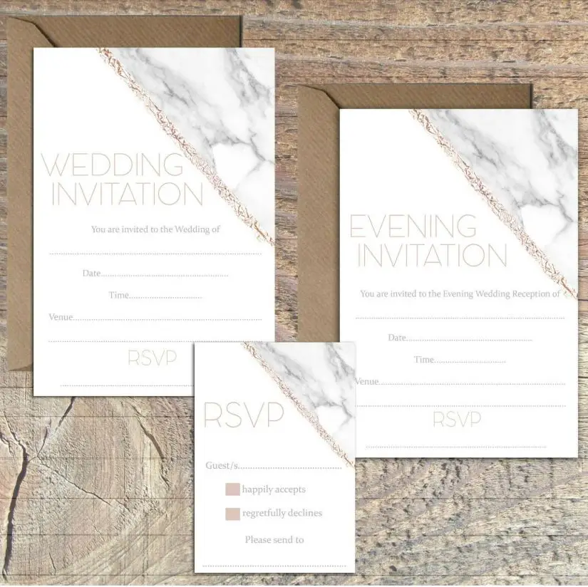 Blank Wedding Invitations Rose Gold and Marble Print