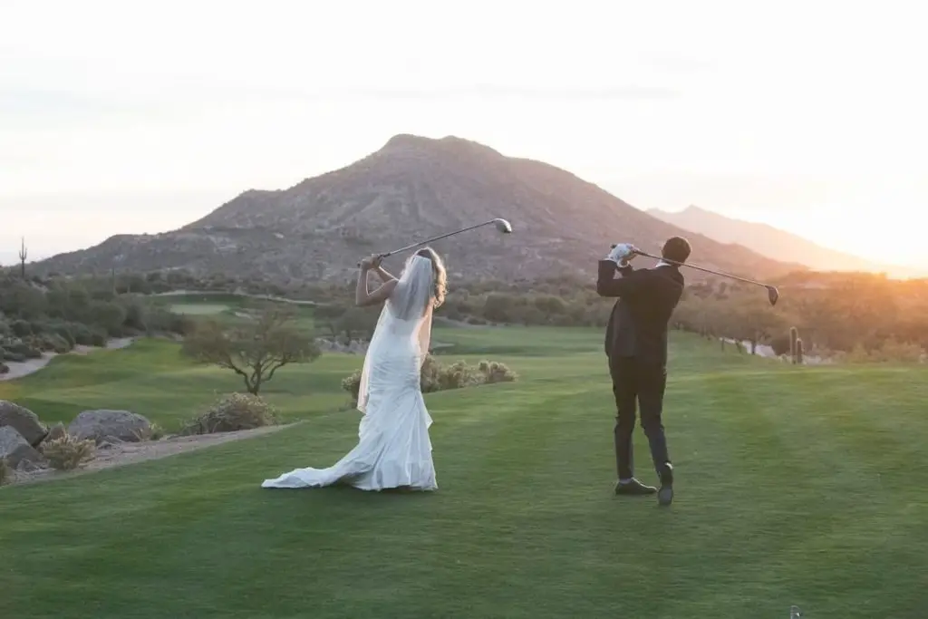 Golf Themed Wedding Ideas & Inspiration, Bride and groom playing golf on the course