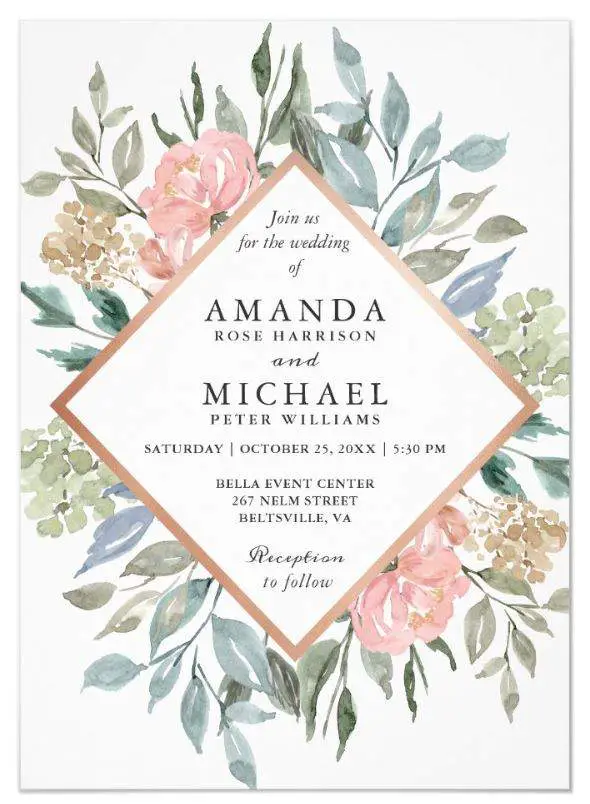 Blush Pink, Greenery Wedding Invitations. Dusty Pink Blue Green Rustic Wild Floral Wedding Invitation.   