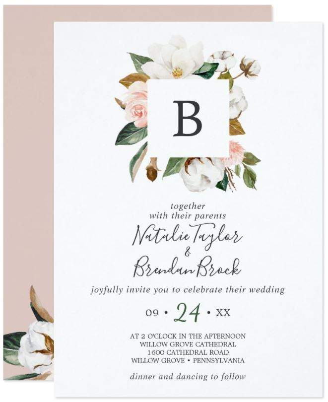 Elegant Magnolia White and Blush Wedding Invitation