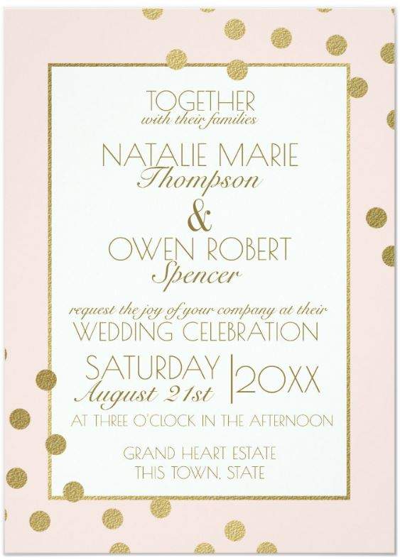 Romantic Blush Pink Wedding Invitations - Ideas and Inspirations.  Modern and Stylish Decorated with Gold Confetti Dots 