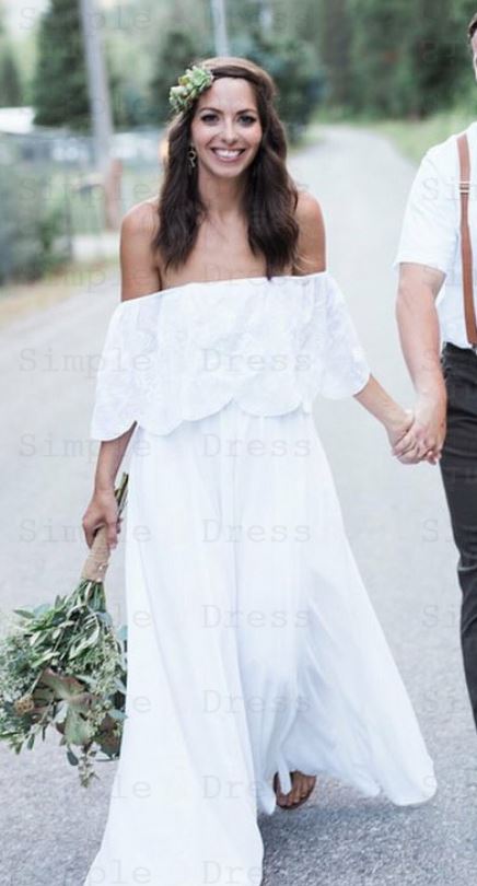 Flowy Simple Beach Wedding Dresses, Off-the-Shoulder Floral Chiffon Beach Wedding Dress