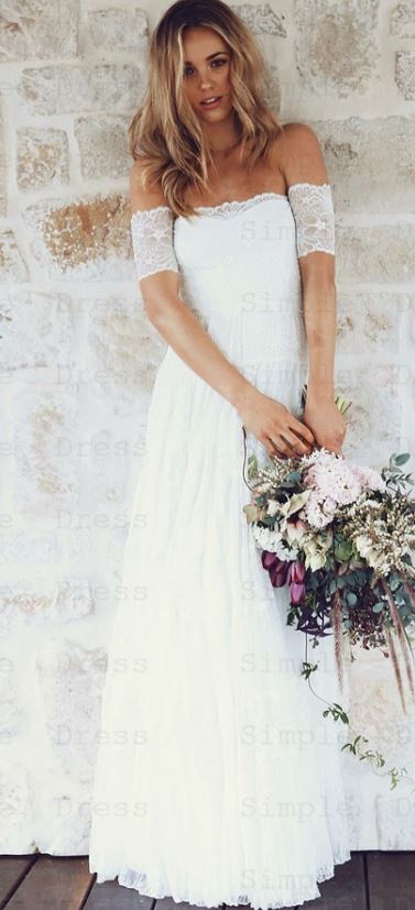 Simple Beach Wedding Dresses, Off-the-Shoulder Lace Sleeves Boho Wedding Dress