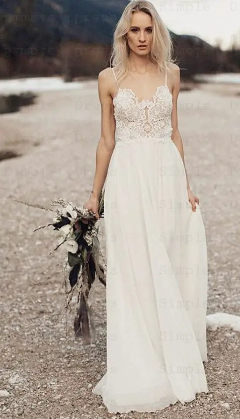 Flowy Simple Beach Wedding Dresses, A-Line Spaghetti Straps Long Chiffon Wedding Dress with Lace