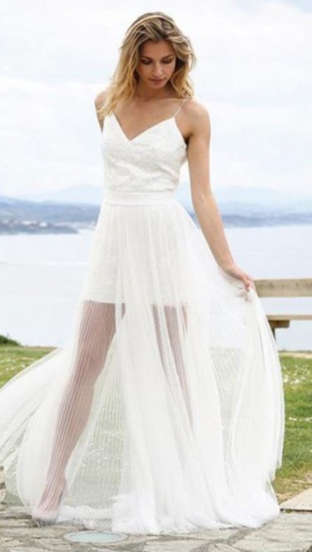 Flowy Simple Beach Wedding Dresses,  A-Line Spaghetti Straps Tulle Beach Wedding Dress