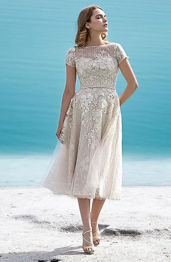 Simple Beach Wedding Dresses, A-Line Tea Length Tulle Wedding Dress 