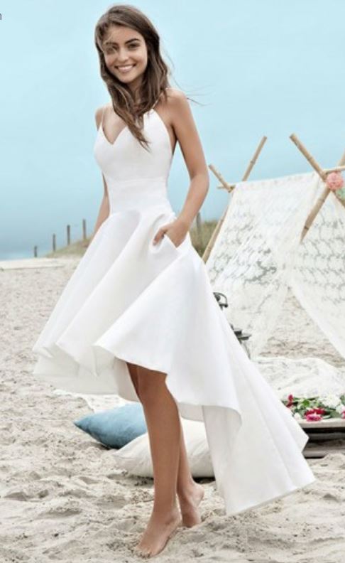 Simple Beach Wedding Dresses, High Low Beach Wedding Dress With Pockets 