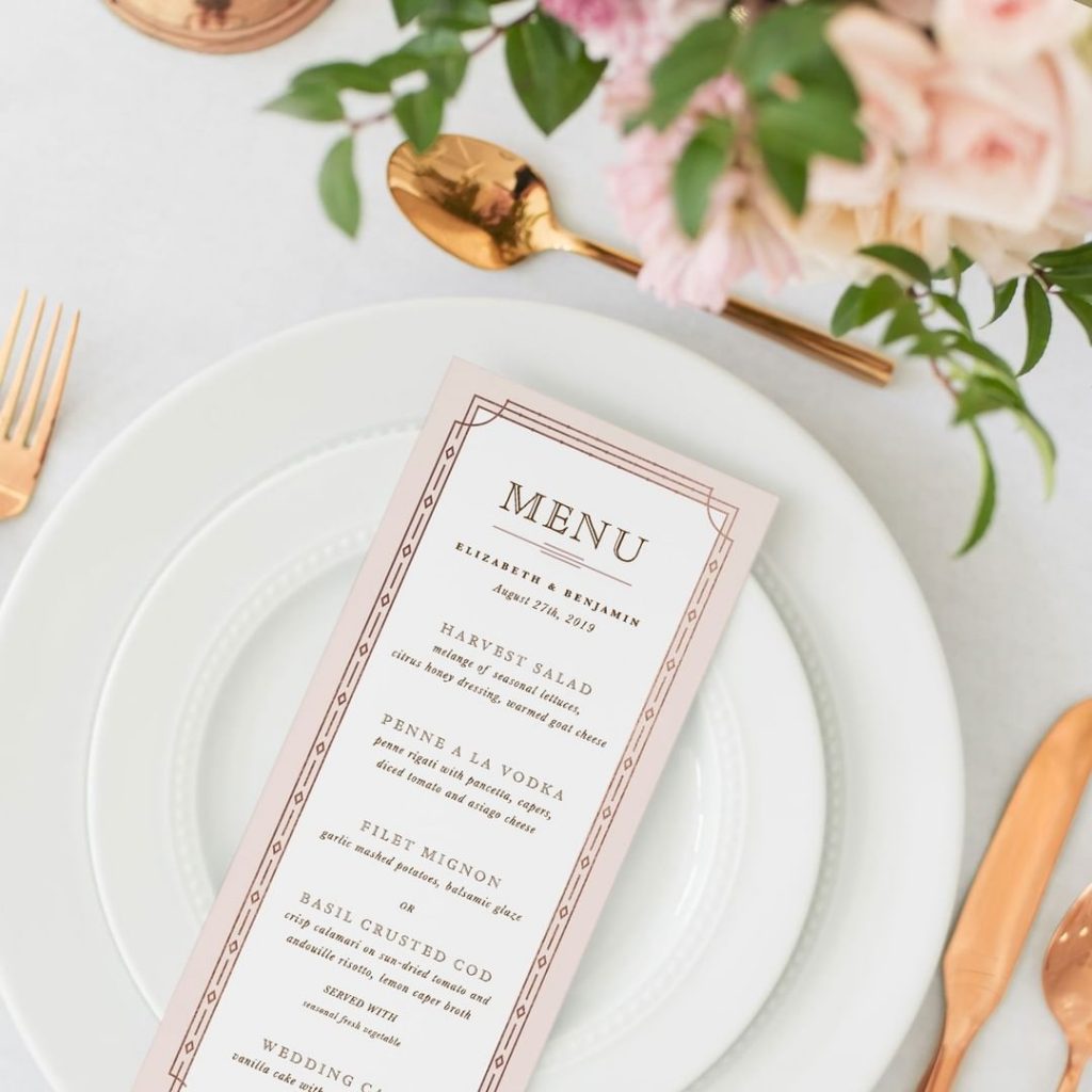 Elegant Wedding Menu Cards, Unique Border in Faux Rose Gold Foil Against a Blush Background