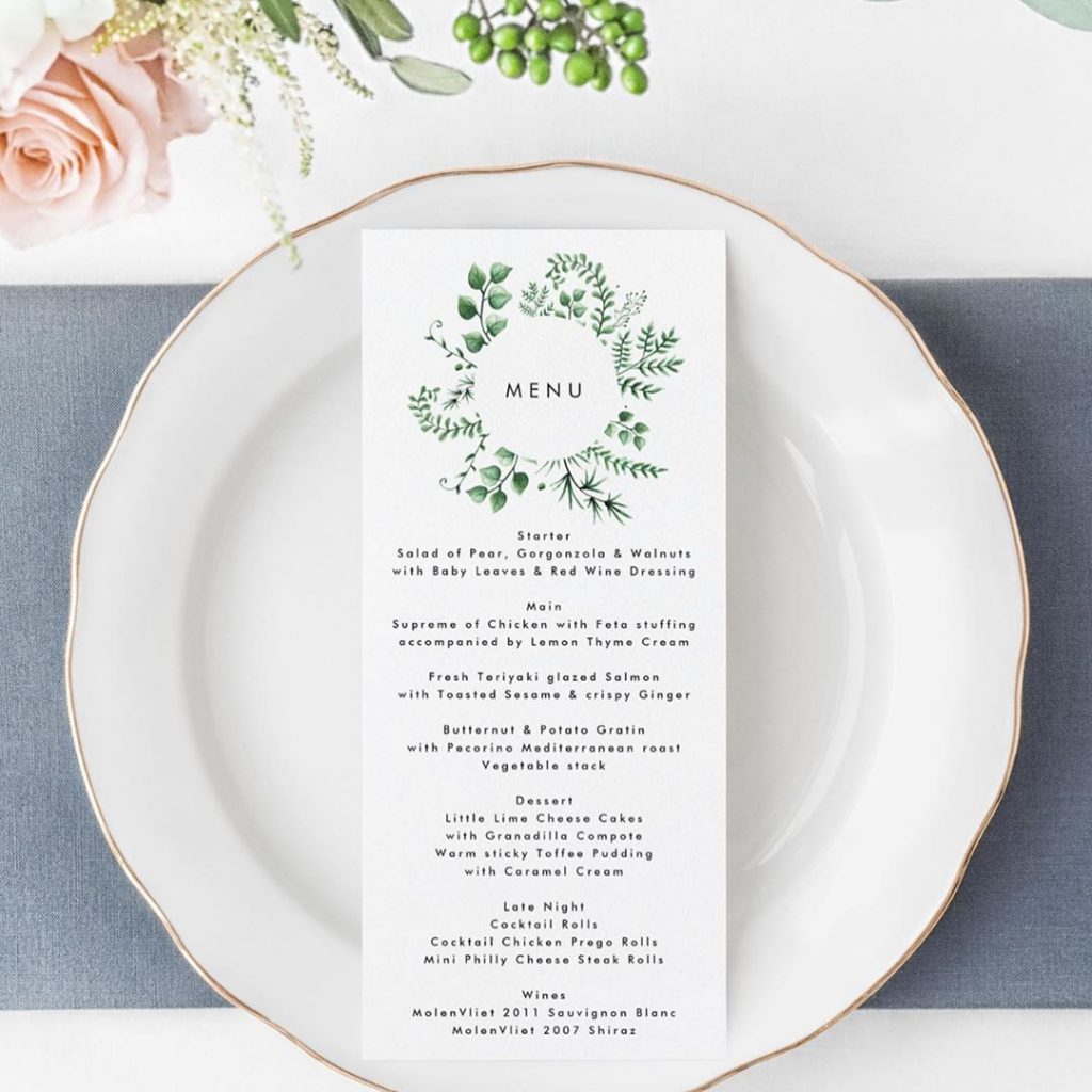 Elegant Wedding Menu Cards,  Fresh Greenery Leafy Plants 