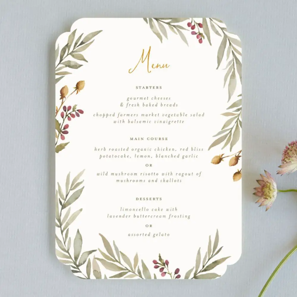 Elegant Wedding Menu Cards, Greenery Olive Leaves With Sunflower Colored Typography