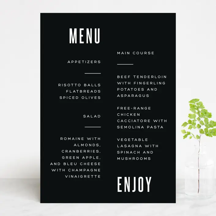 Elegant Wedding Menu Cards, Clean and Elegant Menu Card, White Typography Over Ebony Background
