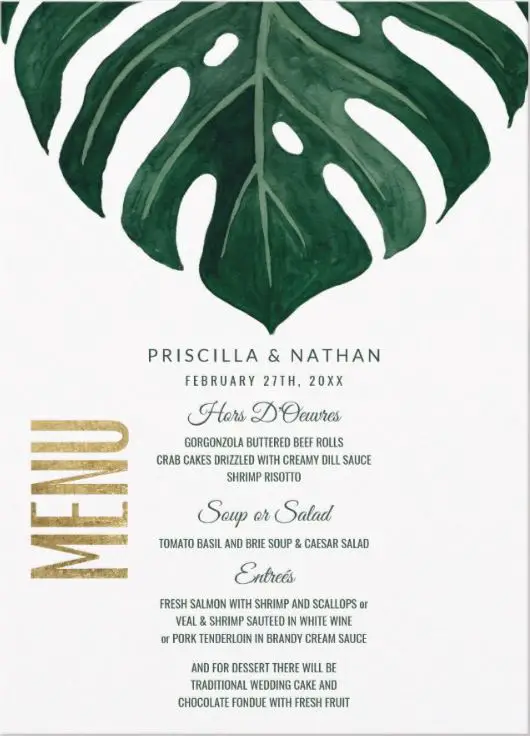 Elegant Wedding Menu Cards, Modern Tropical Swiss Cheese Leaf with Gold typography 