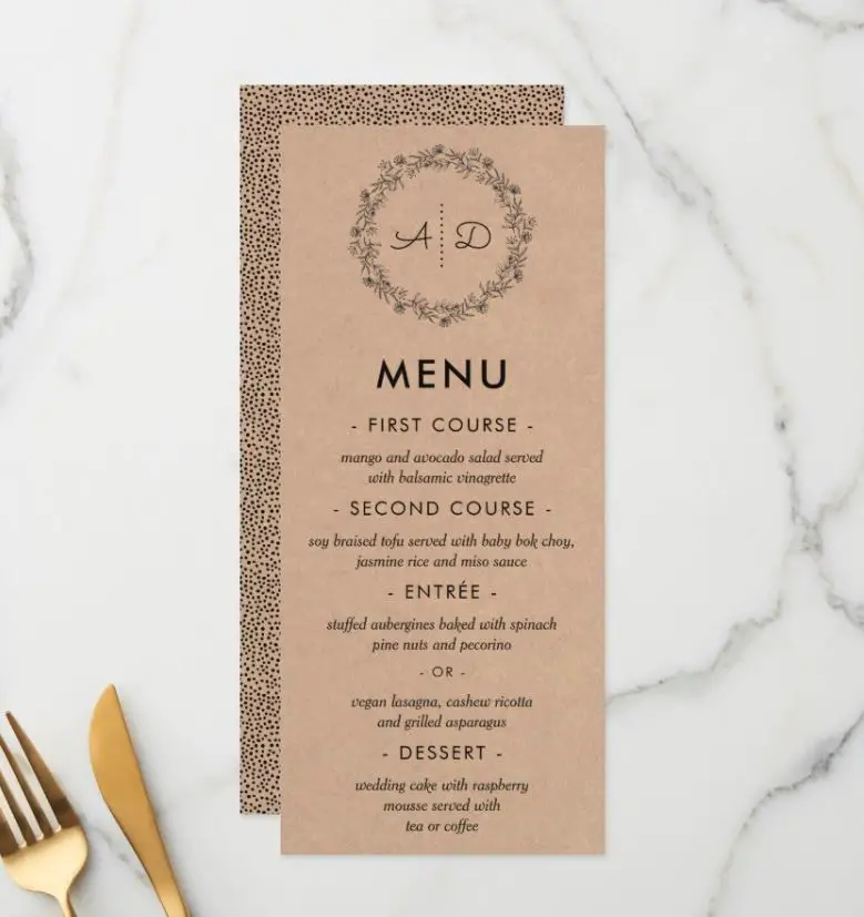 Rustic Elrgant Wedding Menu Cards, Kraft Floral Wreath 