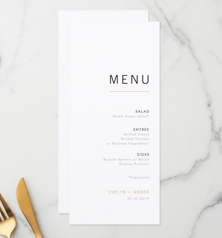 Elegant Wedding Menu Cards, Modern Minimalist Design - Typography in Gold and Black Over White Clean  Background