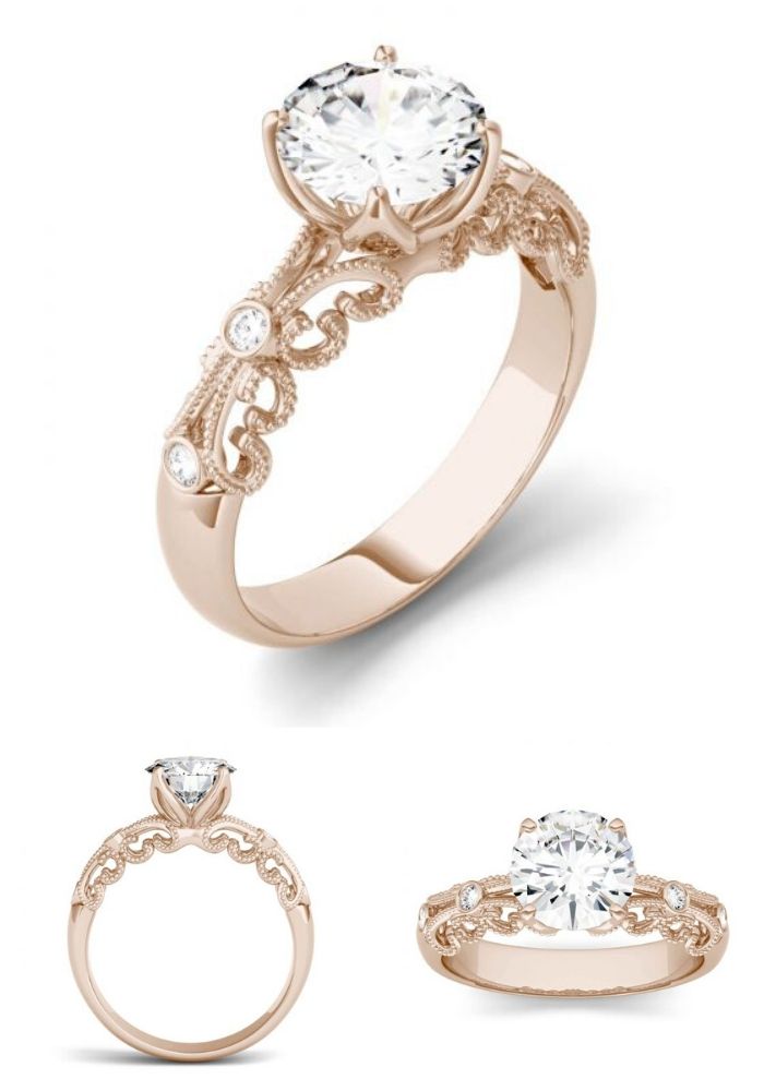 Rose Gold Unique Vintage Engagement Rings, Round Colorless Moissanite Filigree Solitaire with Side Accents Ring 