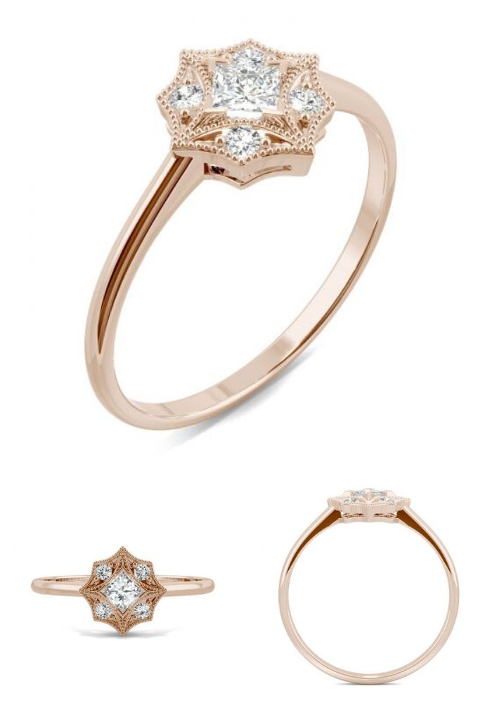 Rose Gold Unique Vintage Engagement Rings, Signature Milgrain Square Moissanite Ring in Rose Gold