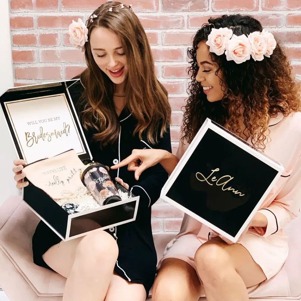 will you be my Bridesmaid box,  Personalized Black Gift Box with Custom Name Written in Metallic Gold