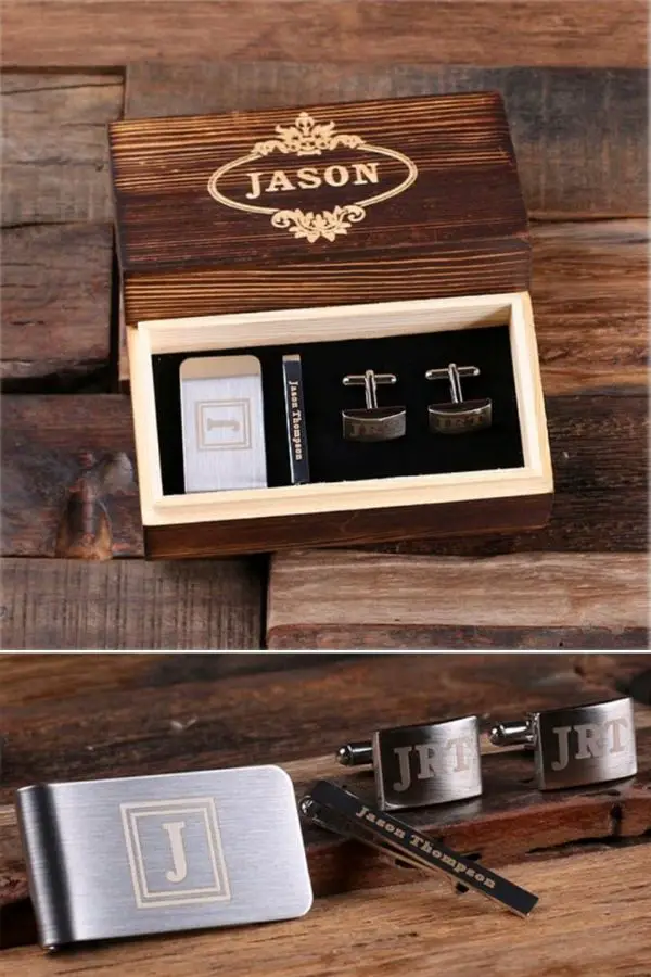 Non-Alcoholic and Useful Gifts Ideas for your Groomsmen Proposal, Engraved Cufflink Set with Tie Bar and Money Clip