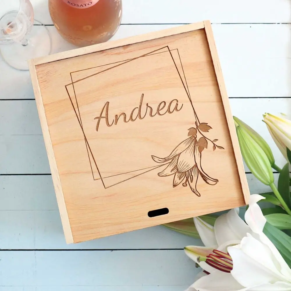 Bridesmaids Proposal Boxes, Floral Engraved Sliding Lid Proposal Box