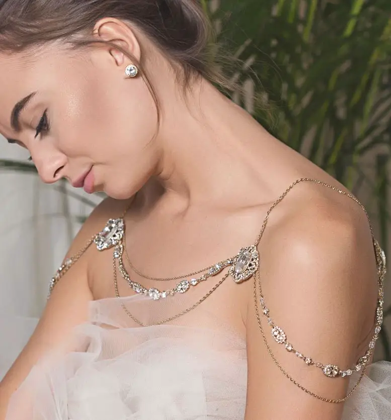 Bridal Shoulder Necklace, Elegant 14K Gold Over Brass Chain with Bold Swarovski & Aurora Crystals