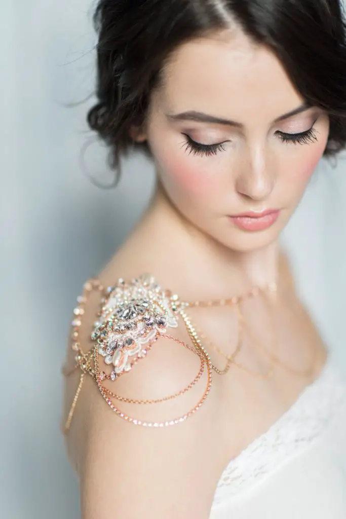 Bridal Shoulder Necklace, Rose Gold and Rhinestone Shoulder Jewelry