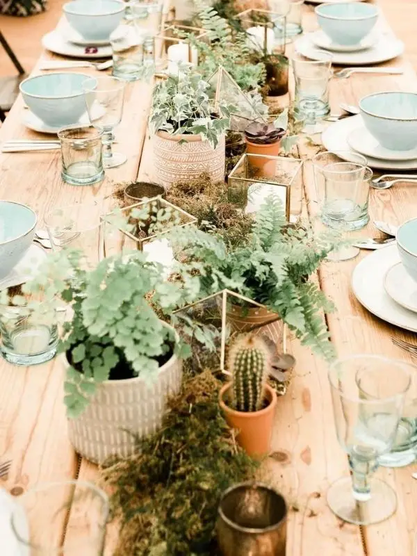 DIY Backyard Wedding Decorations On a Budget Table Setting Plants Table Runner