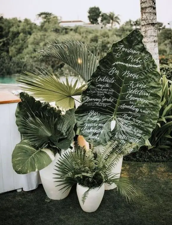 DIY Backyard Wedding Decorations On a Budget Tropical leaves Wedding Menu