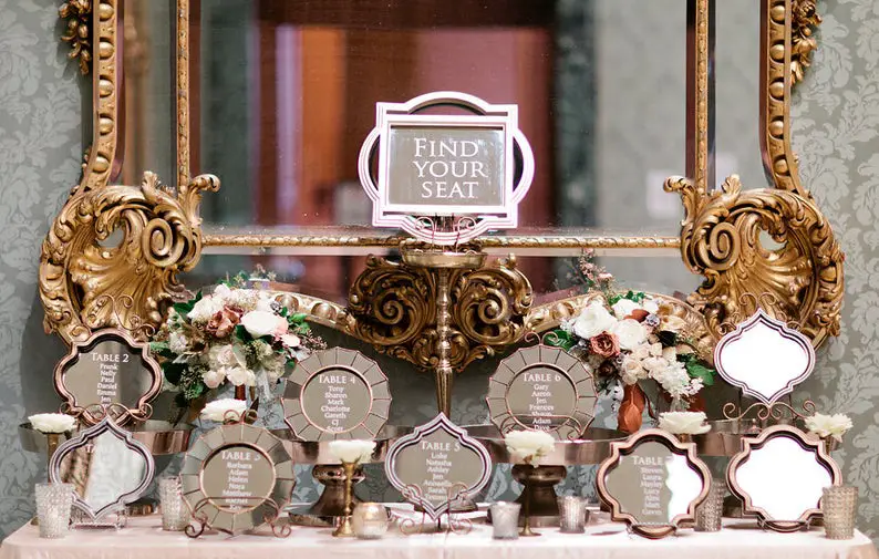 DIY Backyard Wedding Decorations On a Budget Mirrors Seating Charts sign