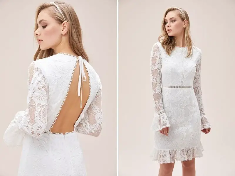 wedding Short Dresses with Long Sleeves, White Embroidered Lace Wedding Dress