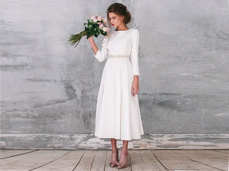 wedding Short Dresses with Long Sleeves, Romantic A-Line Midi Dress