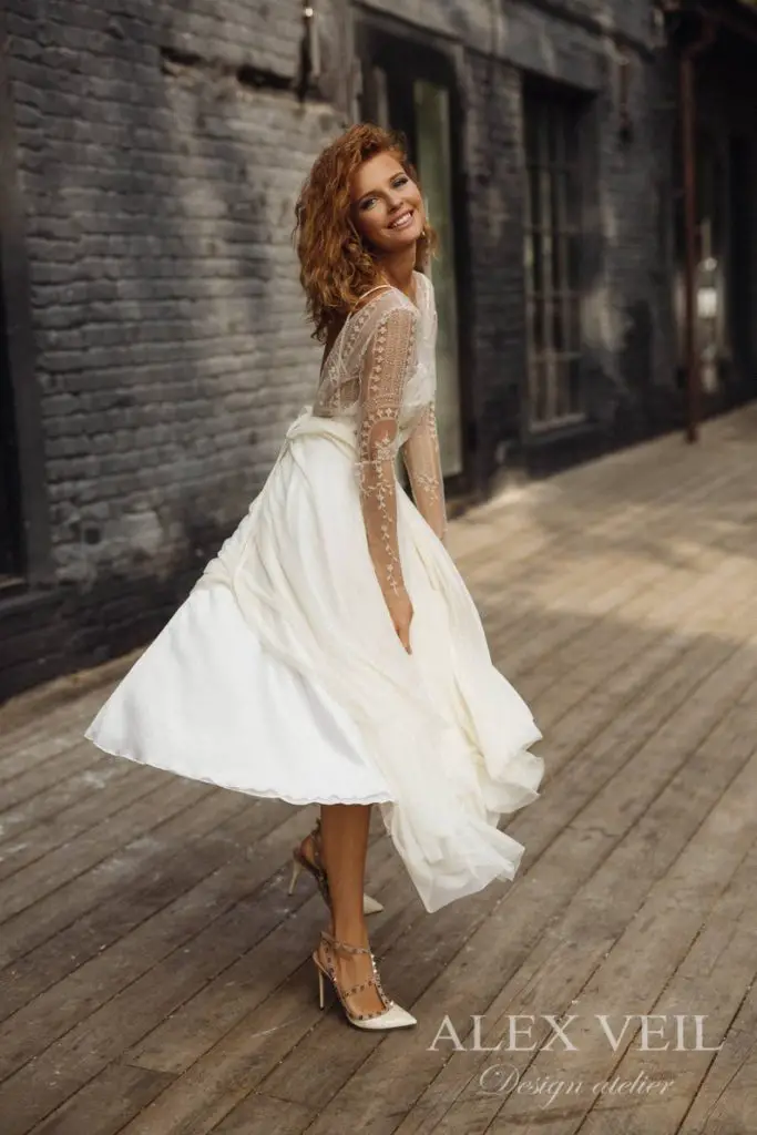 wedding Short Dresses with Long Sleeves, ELISE Tea Length Wedding Dress