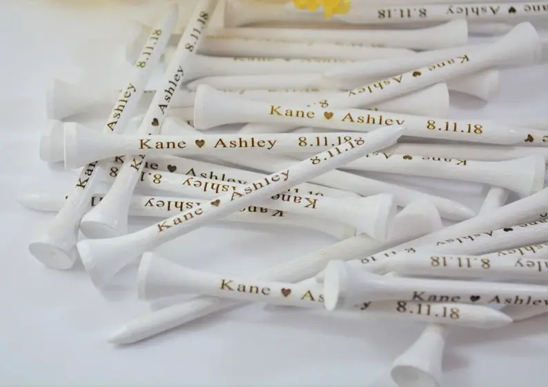 Golf Themed Wedding Ideas & Inspiration. Favor gift for guests, White Personalized Golf Tees