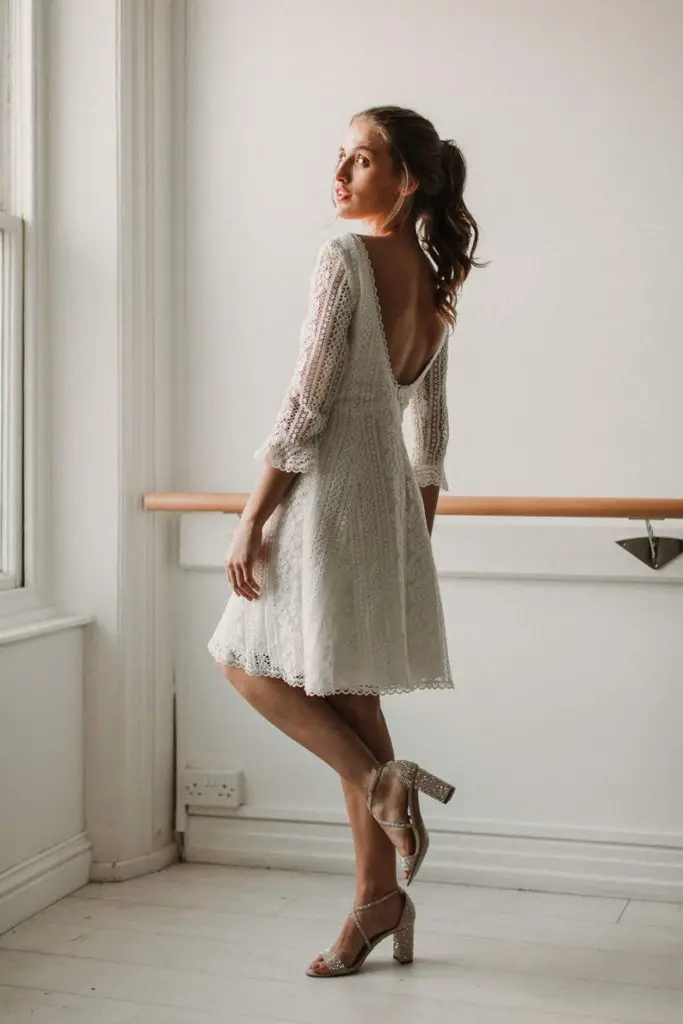 wedding Short Dresses with Long Sleeves, English Cotton Lace and Bamboo Silk Dress