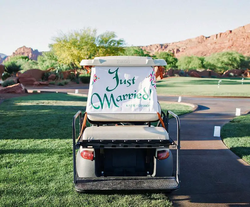Golf Themed Wedding Ideas & Inspiration. golf cart just married sign.