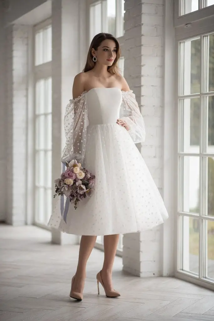 wedding Short Dresses with Long Sleeves, Off Shoulder Elegant Wedding Gown 