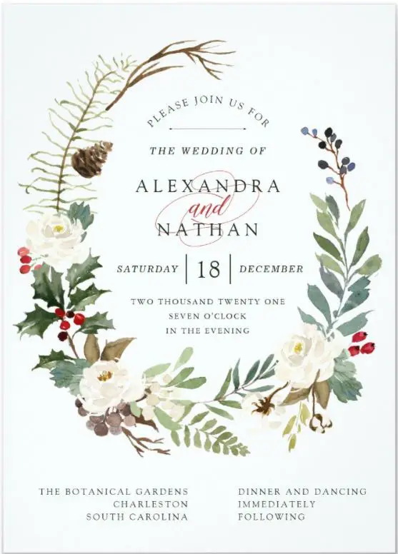 Botanical Christmas Wedding Invitation Winter Wedding Color schemes