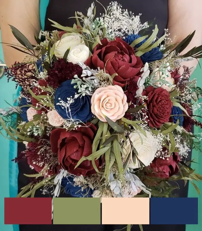 Burgundy, Blush, Navy Sola Wood Flower Fall Bouquet Winter Wedding Color schemes