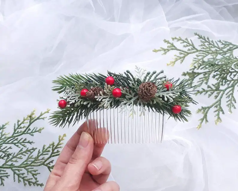 Pine greenery bridal hair accessories for Winter Wedding