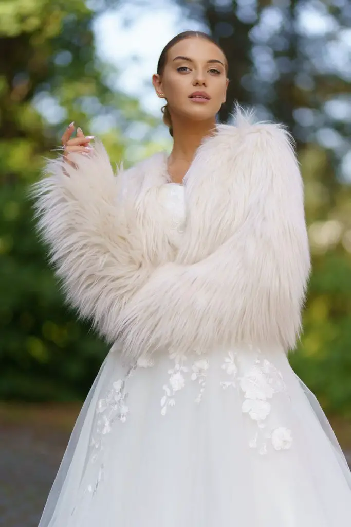 White fur wedding on sale dress