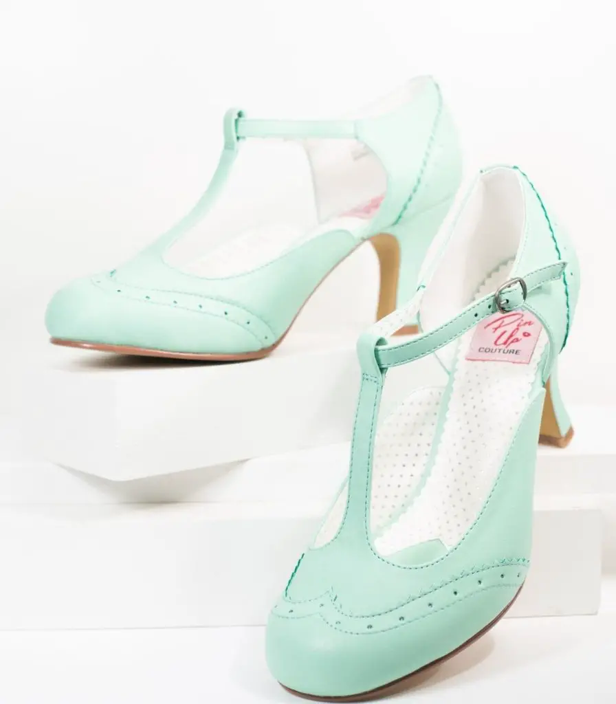 Pastel Colored Wedding Shoes, Mint Leatherette T-Strap Mary Jane Heels