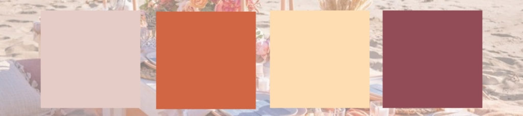 Beach Wedding Table Setting Seaside Bohemian Color palette: Blush pink, ivory, taupe, rust orange, mauve, and wheat yellow.