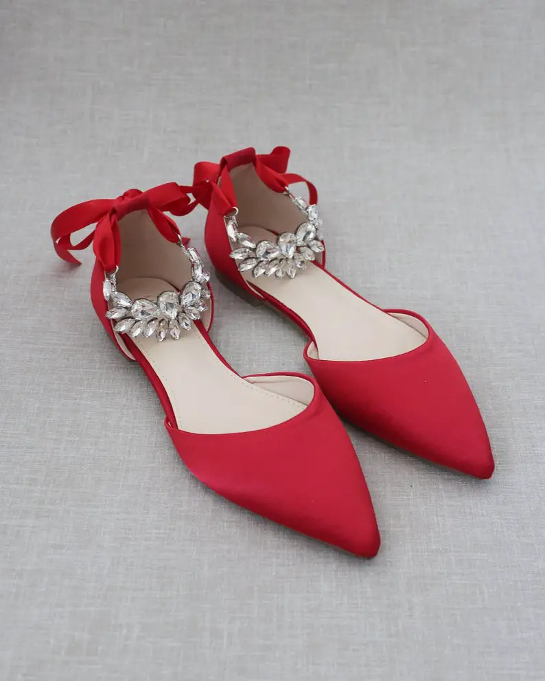 Bold Colored Wedding Shoes, Red Satin Pointy Toe 