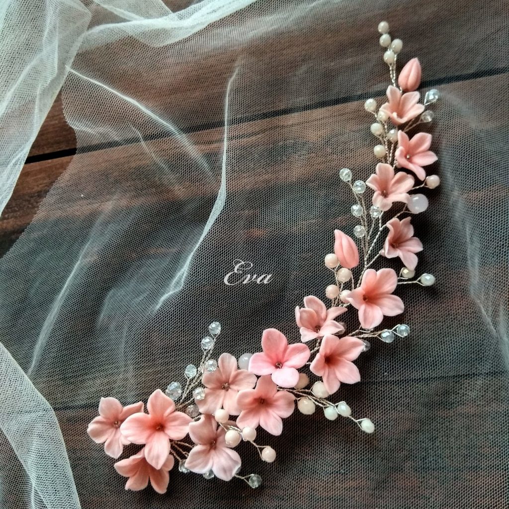 Wedding Hair Accessories Beach Brides, Bridal Pink Clay Hair Vine