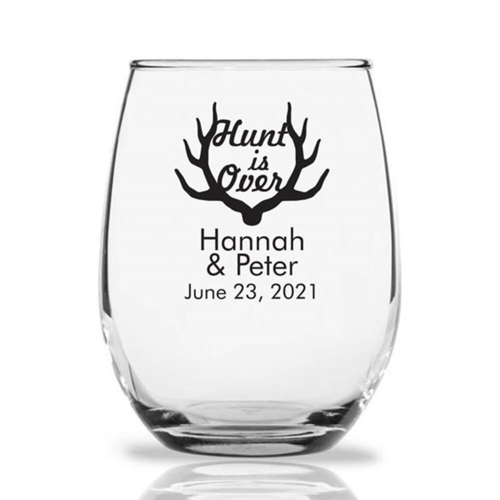 Rustic Country Wedding Favors "Hunt is Over" Rustic Antlers Design Stemless Glasses