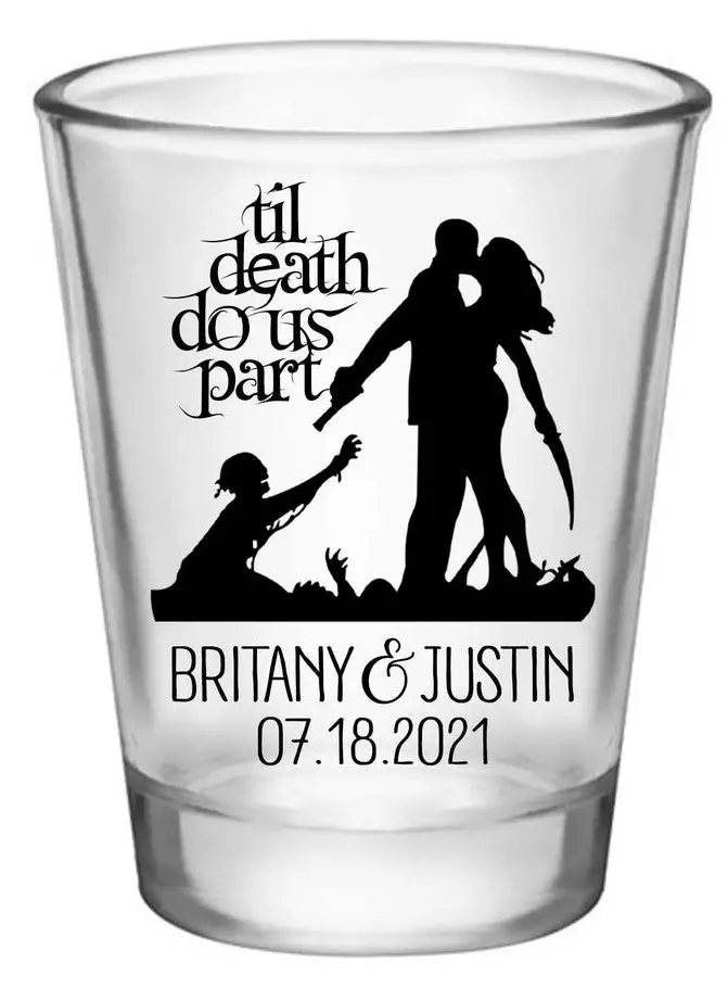 Ideas For Halloween Wedding Favors, Personalized Halloween Shot Glasses - Til Death Do Us Part