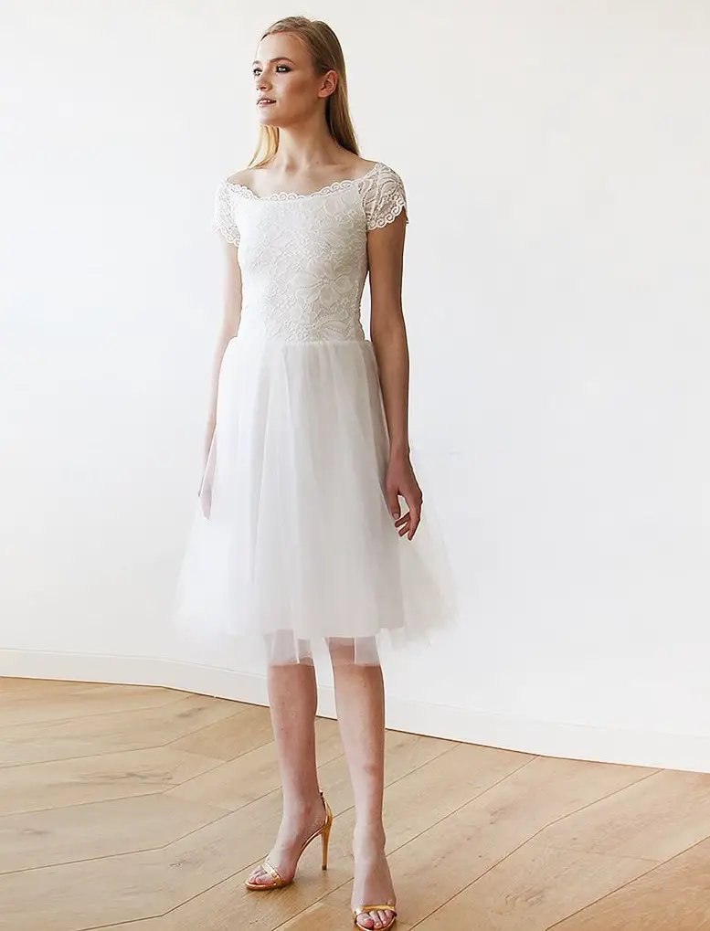 Simple Beach Wedding Dresses, Ivory Off-the-Shoulders Tea-Length Dress