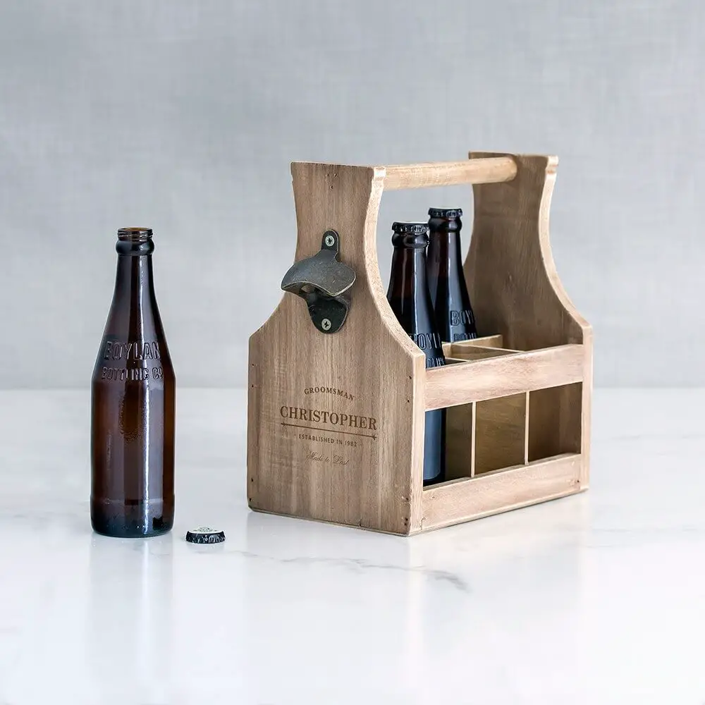 best man and Groomsmen alcohol gift boxes - Personalized Wooden Beer Bottle Caddy with Opener 