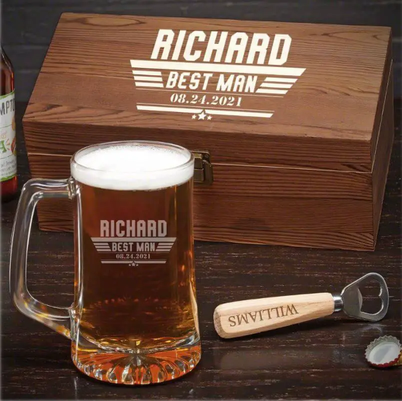 Groomsmen gift Wooden Box with Bottle Opener & Beer Mug