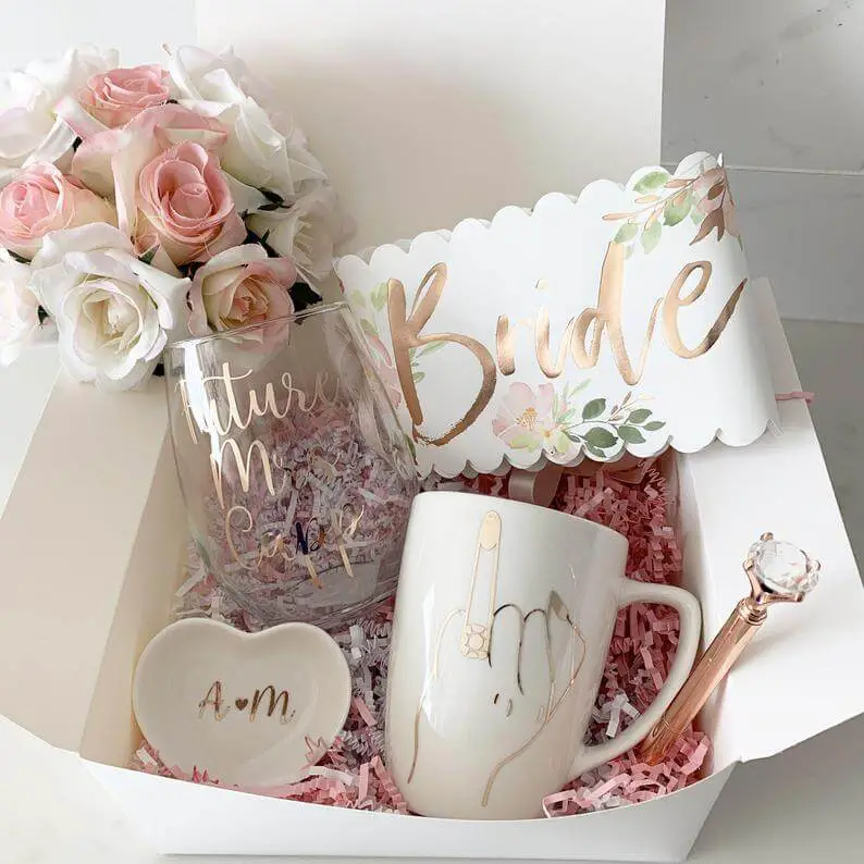 Wineglass and Mug Gift Set Engagement Basket for bride bride to be