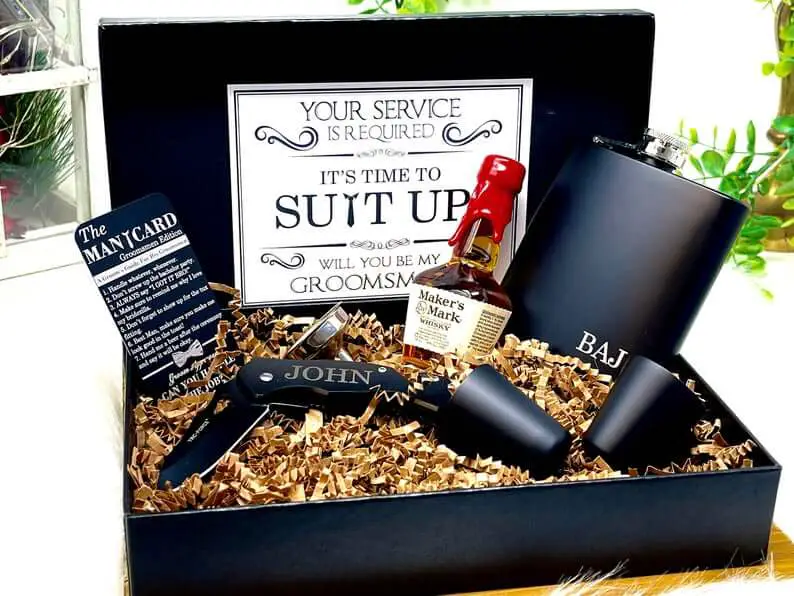 Suit Up best man and Groomsmen alcohol gift boxes 